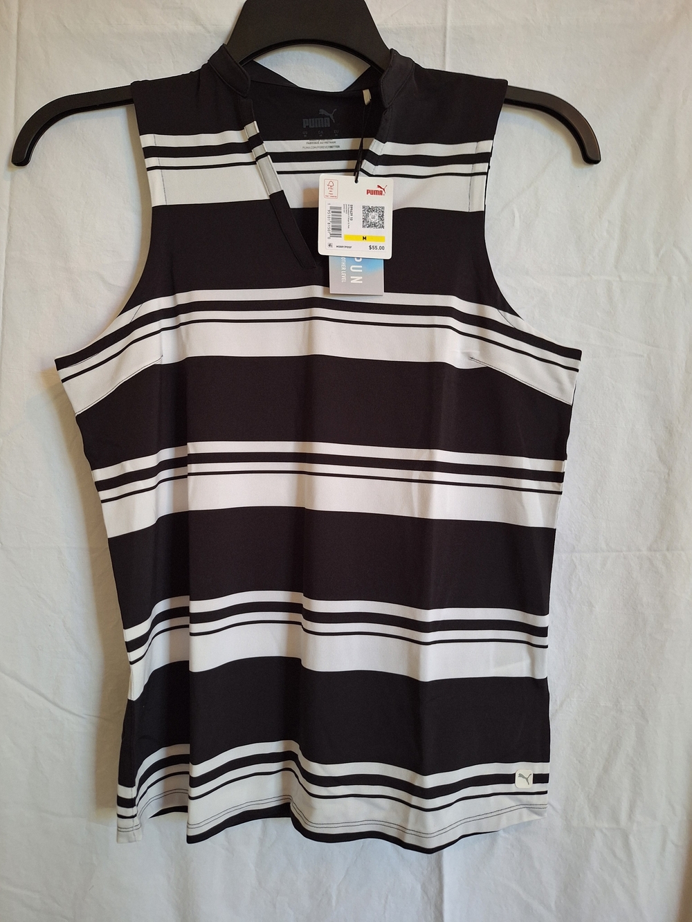 PUMA NWT Cloudspun Womens Shirt Black/White Stripe Sleeveless Active Wear Sz M